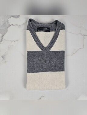 Club Monaco Men’s Sweater Vest XS Grey Cream Block Stripe Cotton Cashmere V-Neck